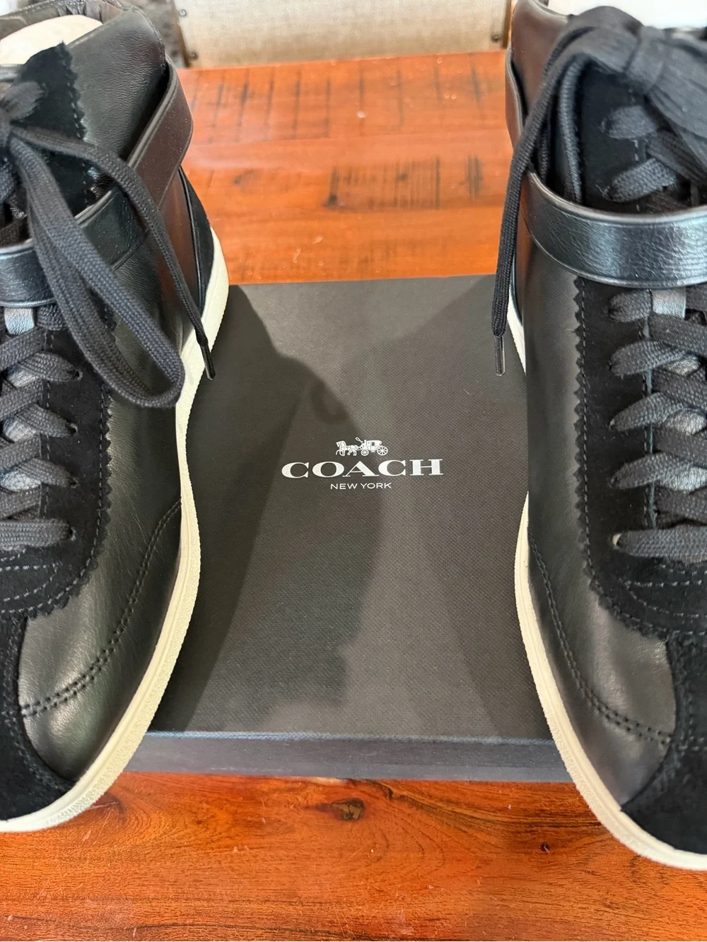 Coach Black Leather & Suede High-Top Sneakers with Cream Sole - Picture 7 of 7